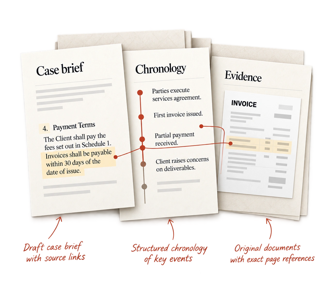 Case brief, chronology and evidence sheets linked by red connectors, annotated: draft case brief with source links, structured chronology of key events, original documents with exact page references.